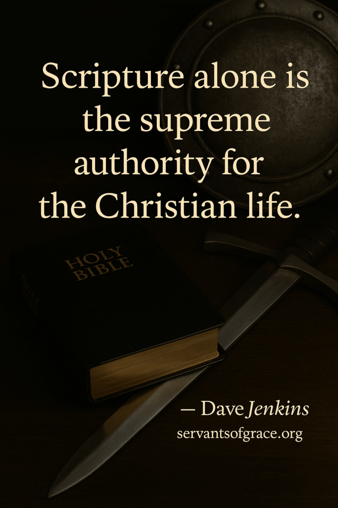 A Bible with a sword and shield, symbolizing Scripture as the authority and defense of the Christian life.