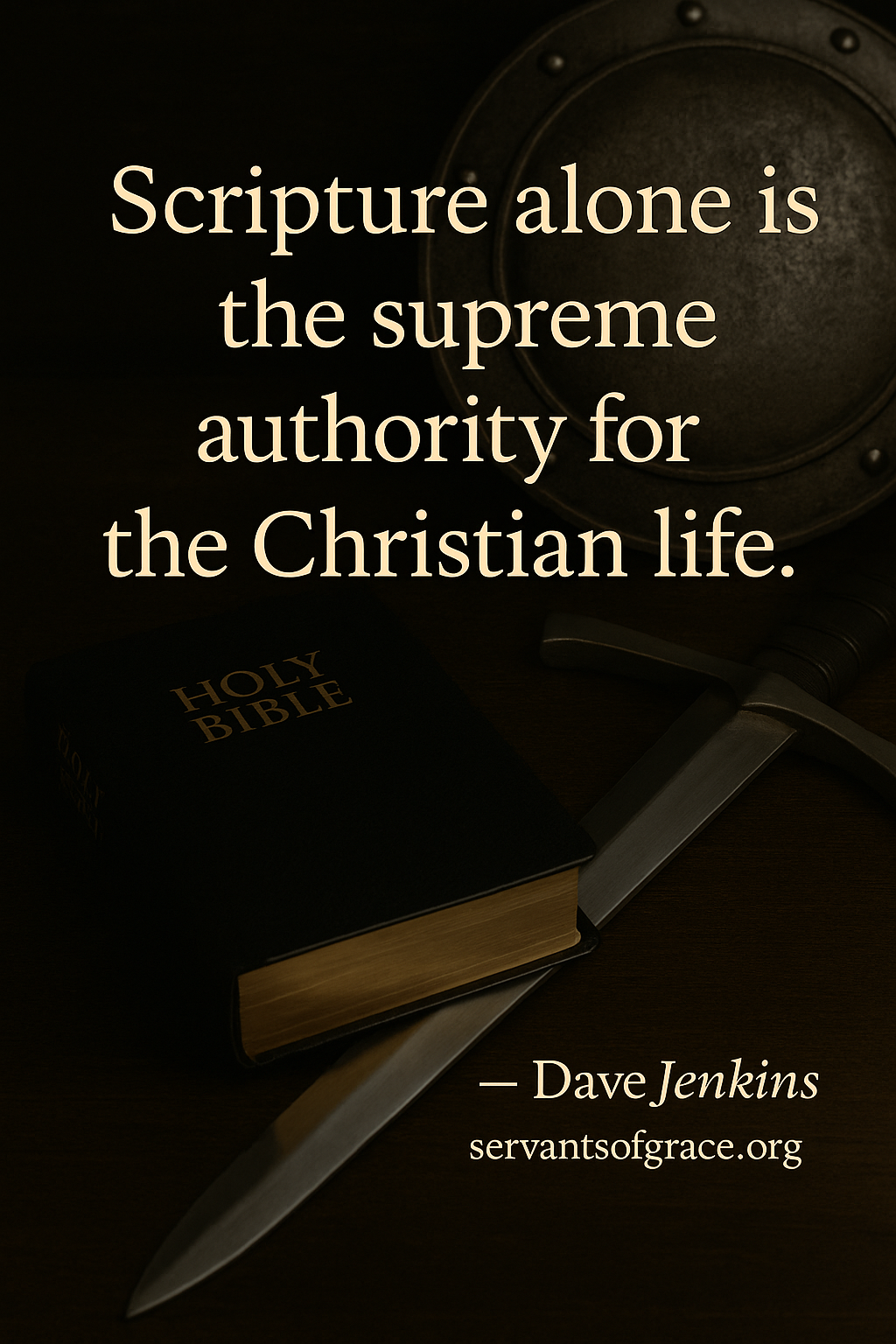 A Bible with a sword and shield, symbolizing Scripture as the authority and defense of the Christian life.