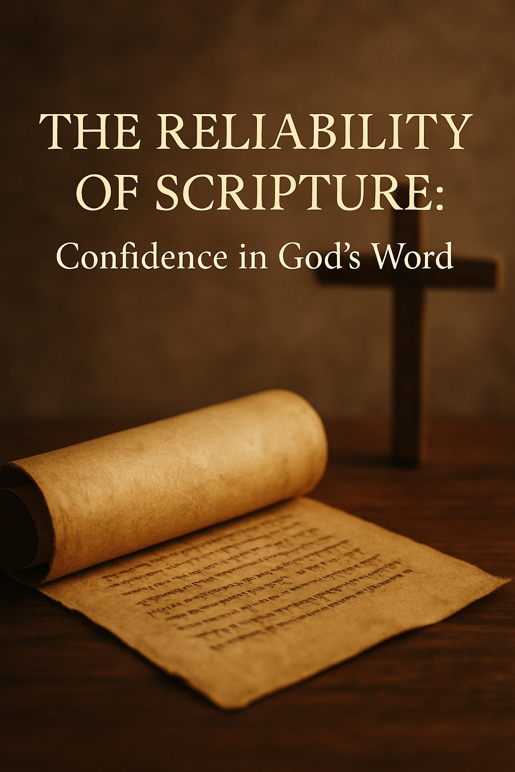 An ancient parchment scroll lying partly unrolled on a wooden surface with a wooden cross in the background. Overlaid in cream serif font is the title: ‘The Reliability of Scripture: Confidence in God’s Word,’ symbolizing the preservation, authority, and trustworthiness of God’s Word through history.