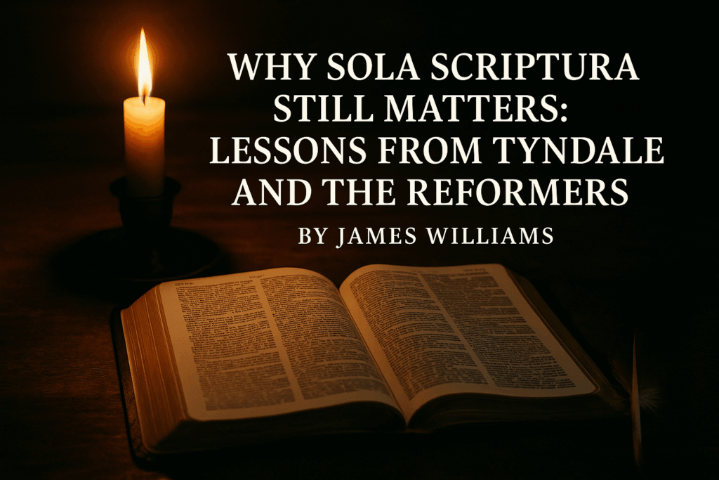 An open Bible lit by candlelight with a quill beside it, symbolizing the translation and authority of God’s Word during the Reformation
