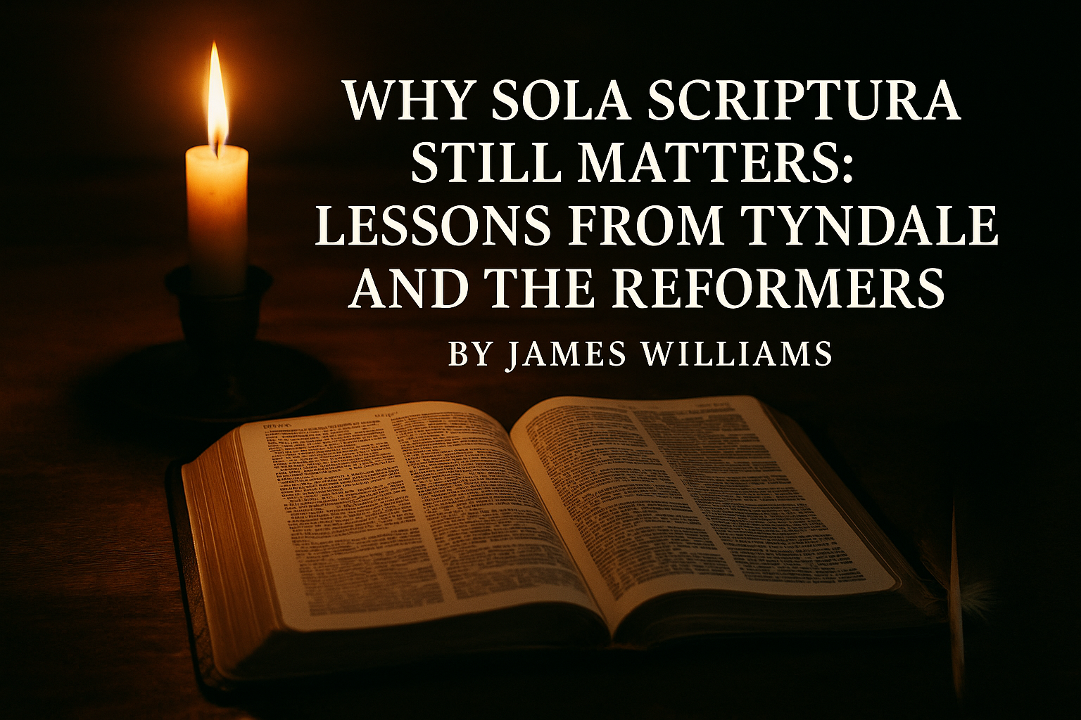 An open Bible lit by candlelight with a quill beside it, symbolizing the translation and authority of God’s Word during the Reformation