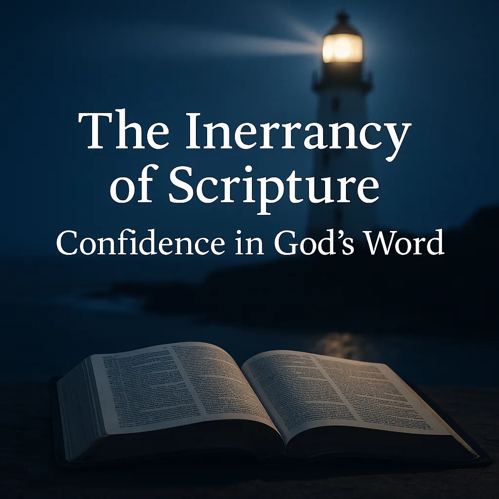 A lighthouse shining over an open Bible, symbolizing Scripture as the guiding and trustworthy Word of God.