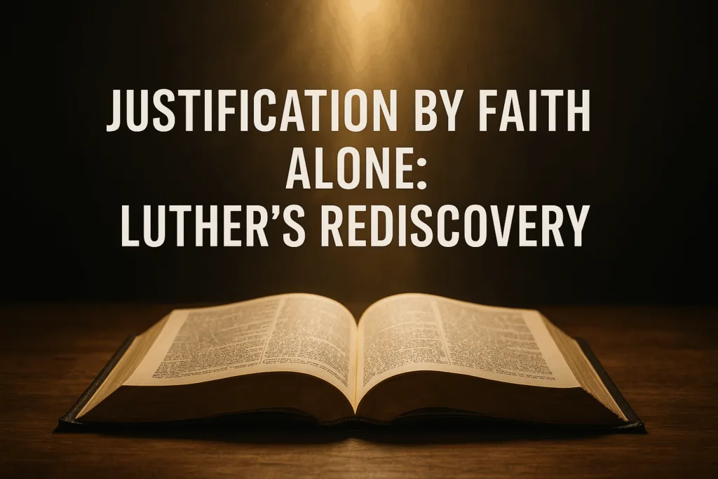 An open Bible with radiant light shining on it, symbolizing the rediscovery of the gospel in the Reformation.