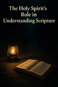 A lamp lighting a path at night with a Bible in view, symbolizing the Spirit guiding believers through the Word.