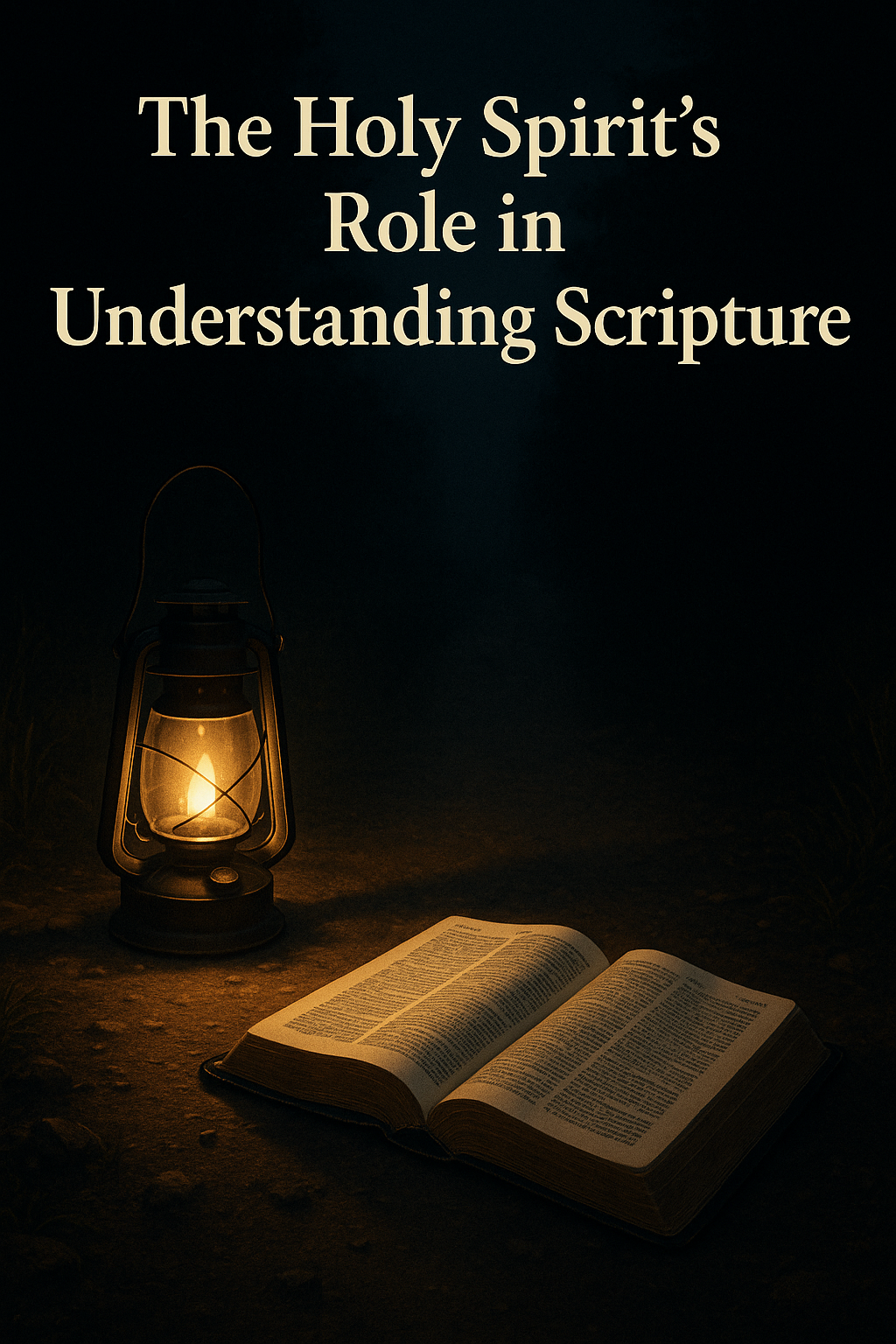 A lamp lighting a path at night with a Bible in view, symbolizing the Spirit guiding believers through the Word.