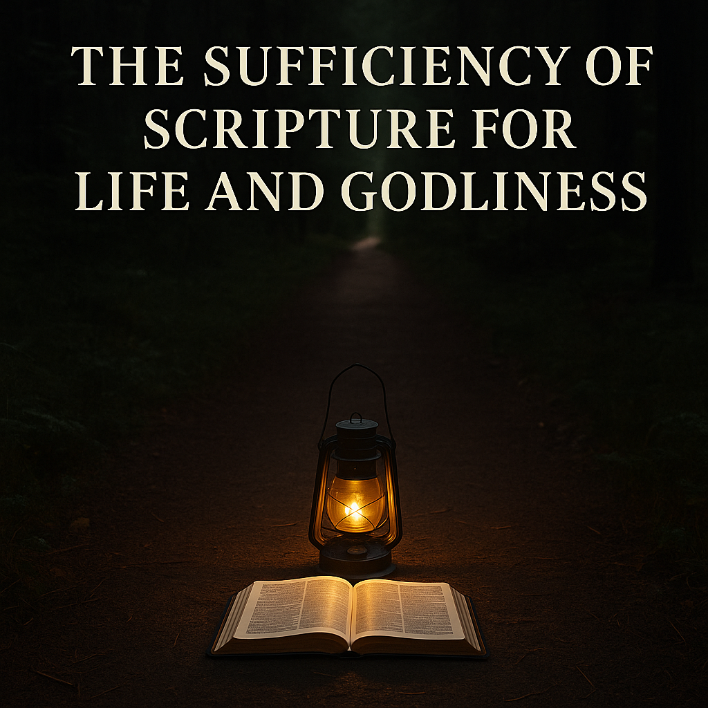 A lantern resting on an open Bible lights a narrow forest path at dusk, symbolizing the sufficiency of Scripture to guide the believer’s life and godliness.