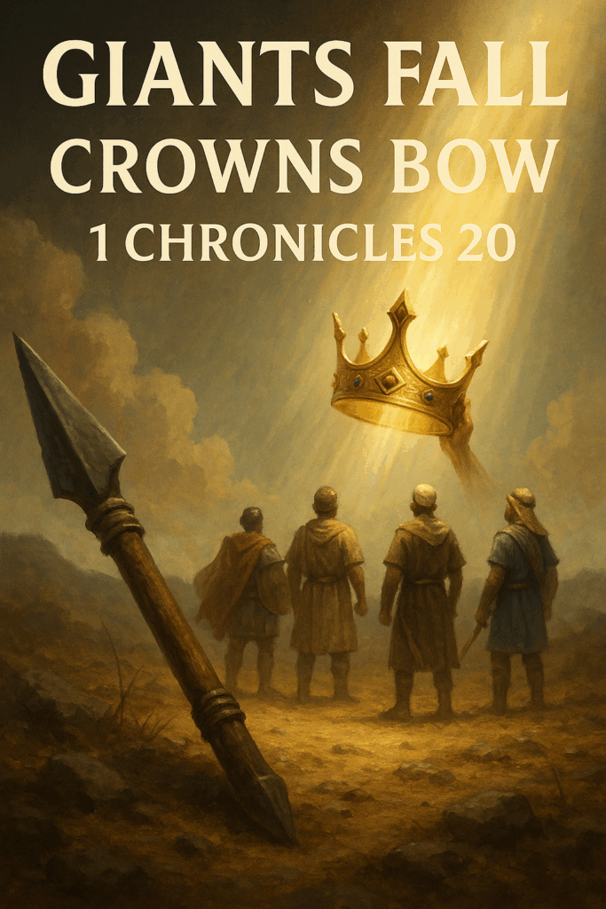 A giant’s fallen spear with a crown raised in light, symbolizing God’s victory over enemies and His glory above all