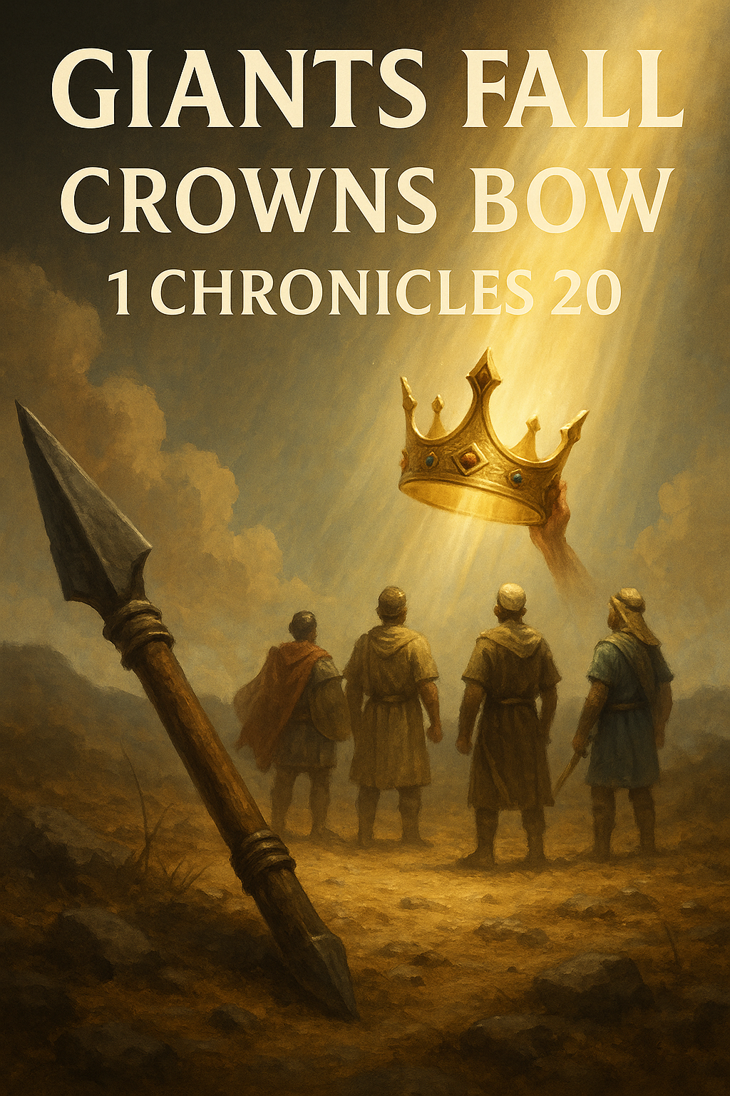 A giant’s fallen spear with a crown raised in light, symbolizing God’s victory over enemies and His glory above all