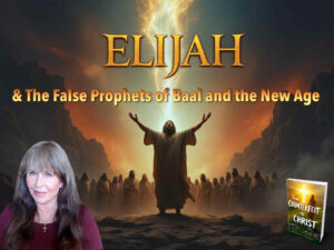 Elijah lifting his arms toward heaven as fire descends from God on Mount Carmel, symbolizing the power of true prayer over the false prophets of Baal and modern New Age deception, with Doreen Virtue and her book From Counterfeit to Christ.