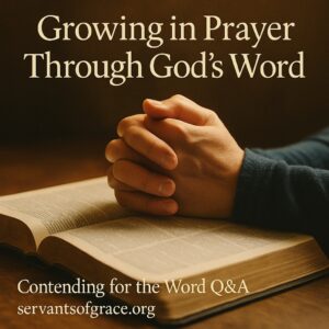 An open Bible beside folded hands in warm morning light, symbolizing prayer rooted in Scripture and communion with God through His Word