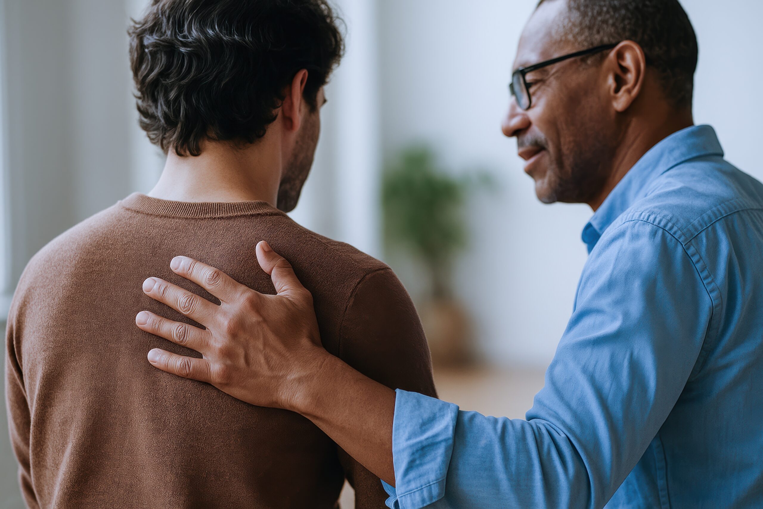 Man offers emotional support with intelligence and care by placing his hand on another shoulder in comforting gesture