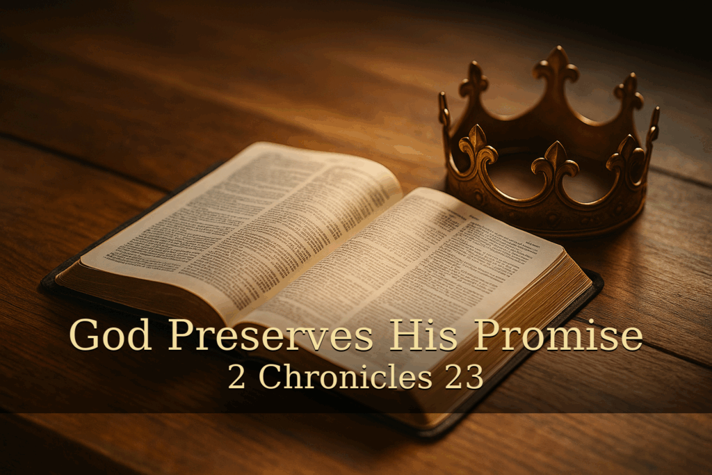 Open Bible on a wooden table with warm sunlight shining across the pages and a gold crown beside it. Text overlay reads “God Preserves His Promise — 2 Chronicles 23” in elegant gold lettering on a soft dark band. Warm, reverent tone representing God's covenant faithfulness and the crowning of Joash.