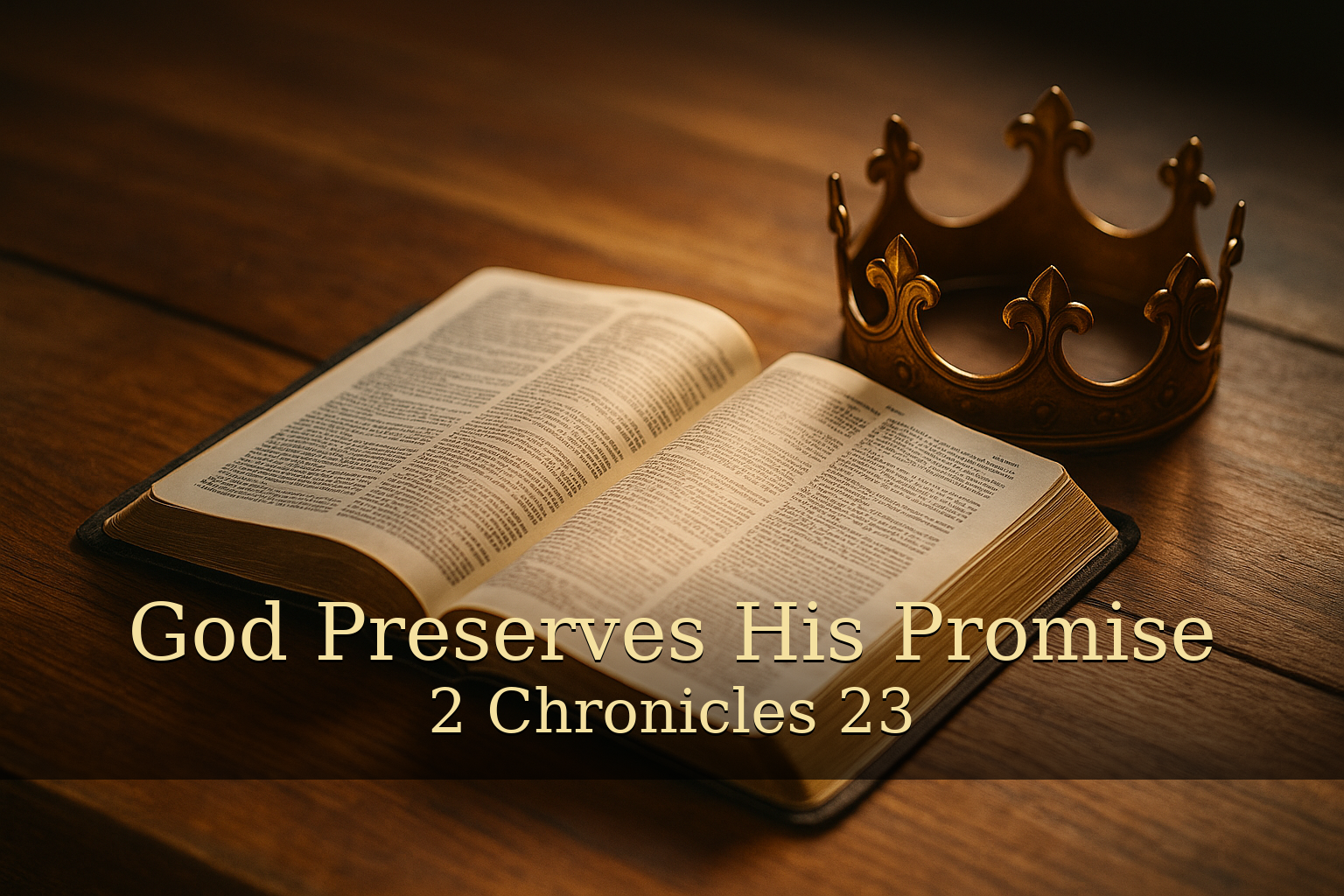 Open Bible on a wooden table with warm sunlight shining across the pages and a gold crown beside it. Text overlay reads “God Preserves His Promise — 2 Chronicles 23” in elegant gold lettering on a soft dark band. Warm, reverent tone representing God's covenant faithfulness and the crowning of Joash.