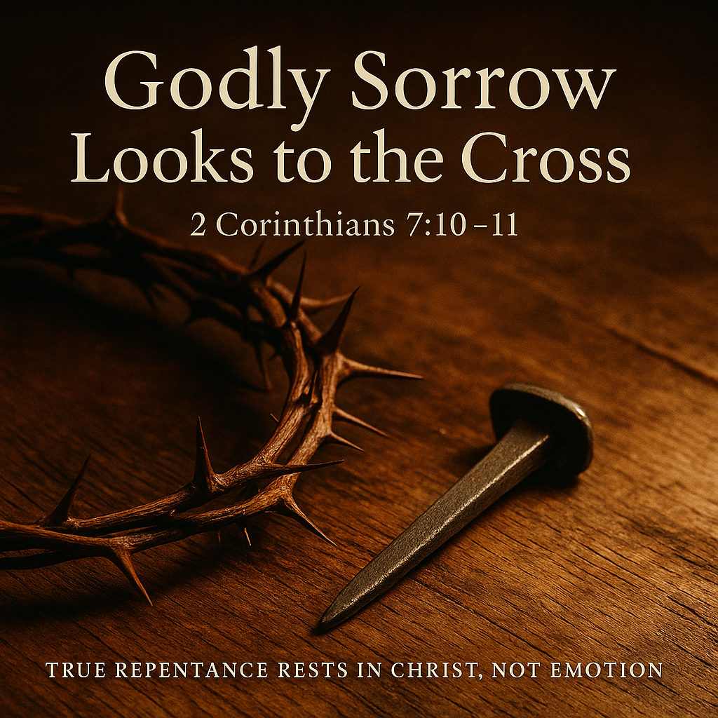 Crown of thorns and a single nail resting on rough wood in soft warm light, symbolizing Christ’s sacrifice and the call to true repentance that looks to the cross.