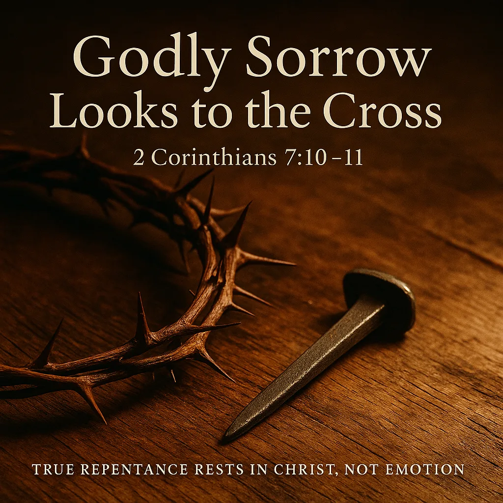 Crown of thorns and a single nail resting on rough wood in soft warm light, symbolizing Christ’s sacrifice and the call to true repentance that looks to the cross.