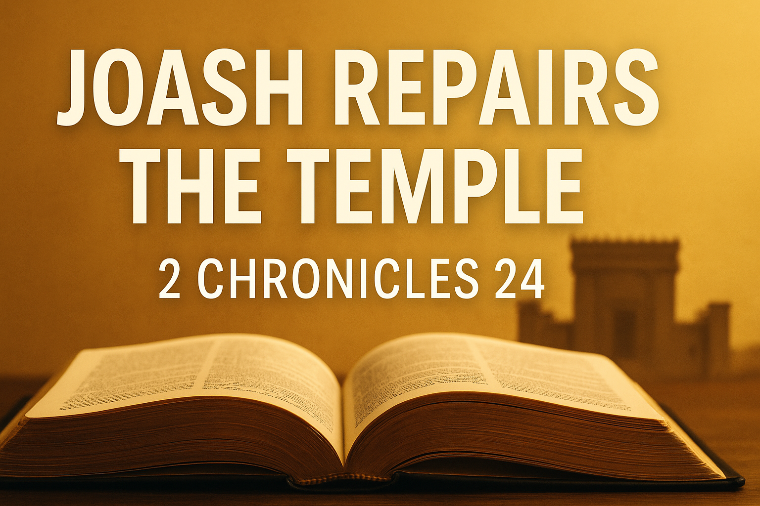 Open Bible in warm light with temple silhouette behind it, symbolizing the restoration of worship under Joash and the warning to remain faithful to God.