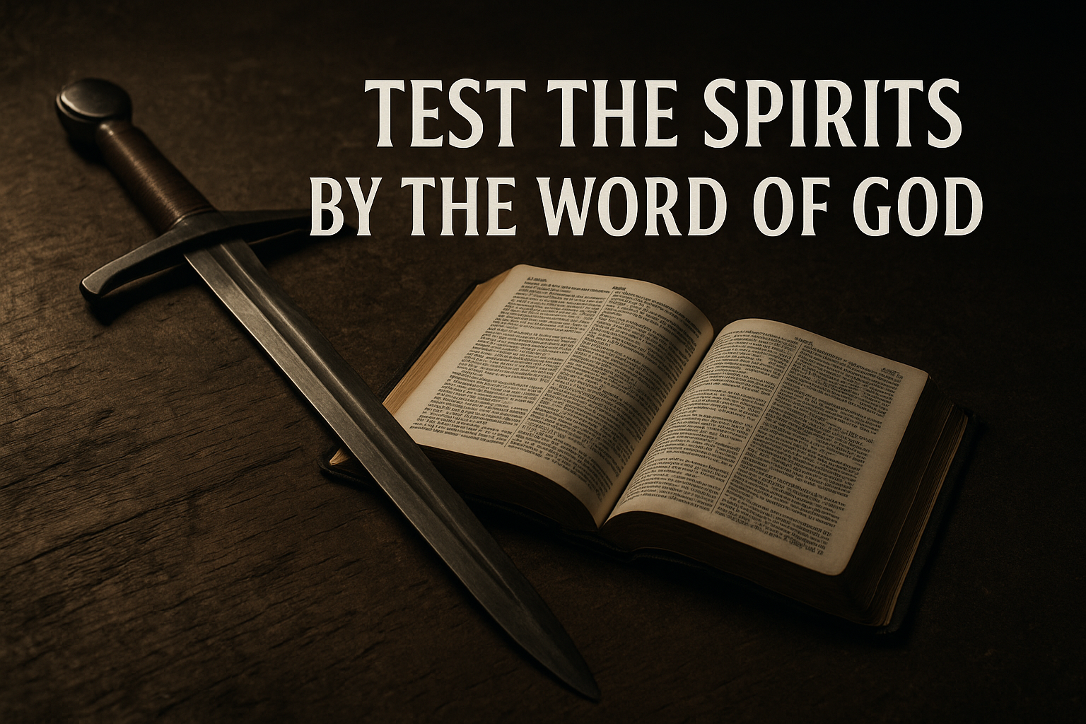 Open Bible resting on a rustic wooden surface with a sword lying beside it, illuminated by soft directional light, symbolizing Hebrews 4:12 and the call to test the spirits by the Word of God.