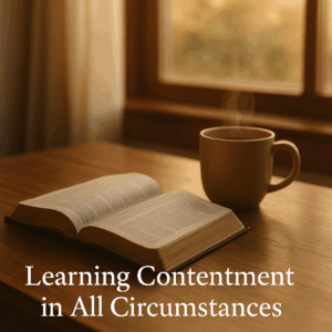 An open Bible and a warm cup of coffee on a wooden table by a window at sunrise, symbolizing quiet devotion and learning contentment in Christ in everyday life.