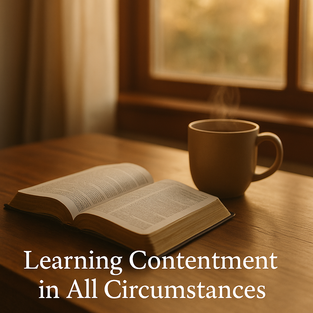 An open Bible and a warm cup of coffee on a wooden table by a window at sunrise, symbolizing quiet devotion and learning contentment in Christ in everyday life.