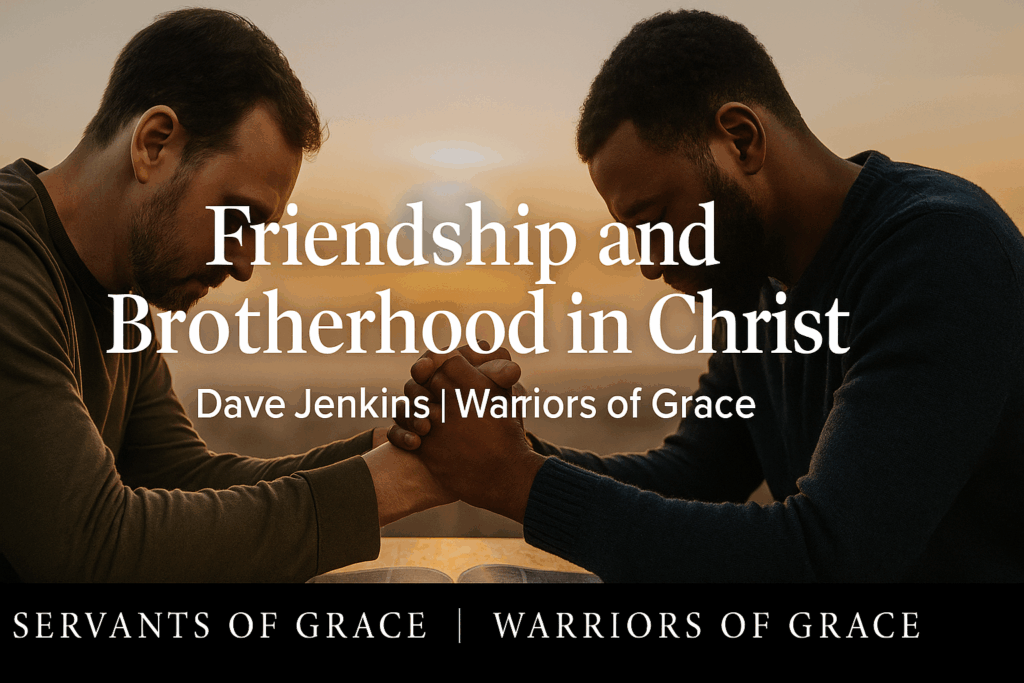 Friendship and Brotherhood in Christ 3 Two men praying together over an open Bible at sunrise, symbolizing brotherhood and Christian friendship strengthened by the Word of God