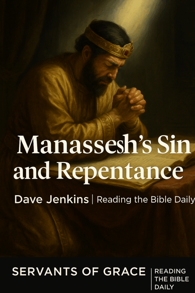 Manasseh’s Sin and Repentance: The Reach of God’s Mercy | 2 Chronicles 33 | Nov 18, 2025 1 King Manasseh kneeling in prayer before an open scroll, with heavenly light shining down — symbolizing repentance, forgiveness, and the mercy of God.