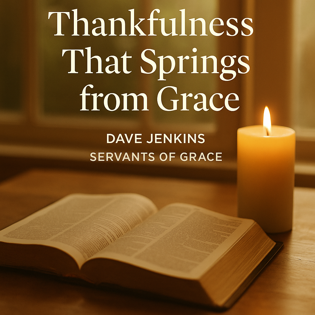 An open Bible beside a glowing candle on a wooden table with morning light streaming in — symbolizing thankfulness, grace, and the quiet joy of worship in Christ.