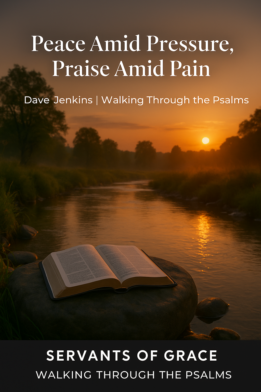 An open Bible rests on a stone beside a peaceful stream at sunrise, with soft golden light reflecting on the water. Above it, centered white text reads ‘Peace Amid Pressure, Praise Amid Pain,’ followed by ‘Dave Jenkins | Walking Through the Psalms.’ A dark navy footer bar at the bottom displays the words ‘Servants of Grace | Walking Through the Psalms.’ The image conveys calm, clarity, and peace found through God’s Word.