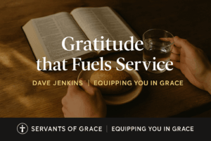 Hands serving bread and water beside an open Bible under warm sunlight, symbolizing gratitude overflowing into humble service for God’s glory.