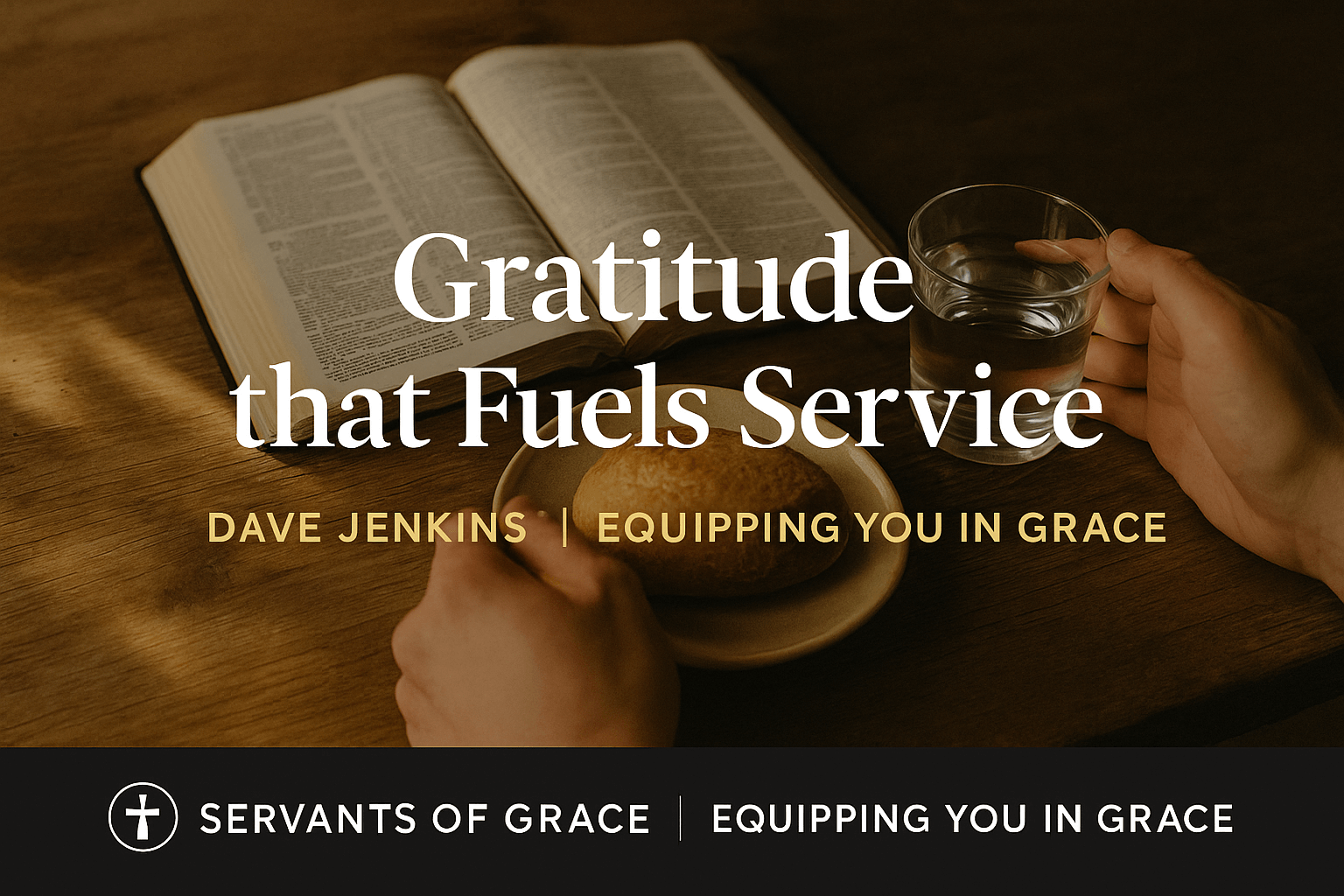 Hands serving bread and water beside an open Bible under warm sunlight, symbolizing gratitude overflowing into humble service for God’s glory.