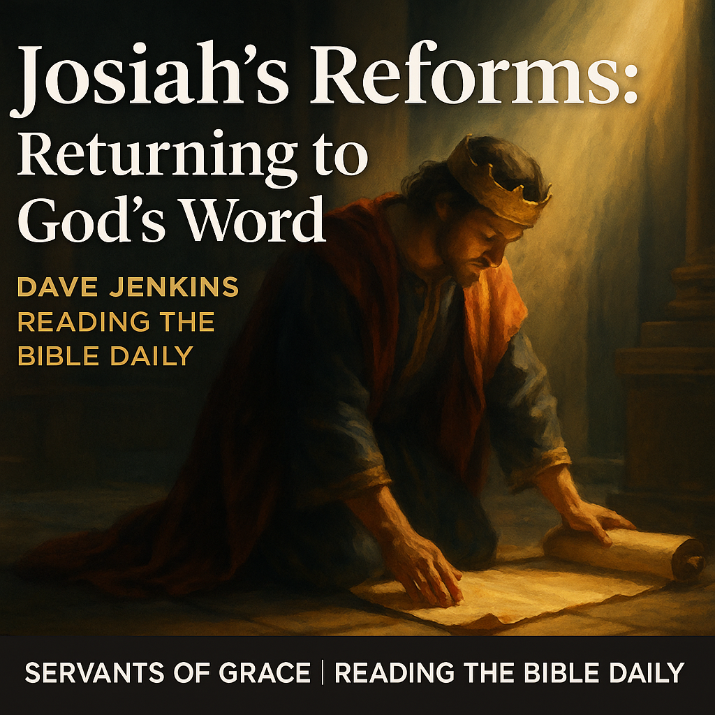 Josiah’s Reforms, Returning to God’s Word | 2 Chronicles 34 | Nov 19, 2025 1 King Josiah kneeling in the temple before an open scroll illuminated by warm light, symbolizing the rediscovery of God’s Word and humble revival. Text reads: ‘Josiah’s Reforms: Returning to God’s Word – Dave Jenkins | Reading the Bible Daily – Servants of Grace.’