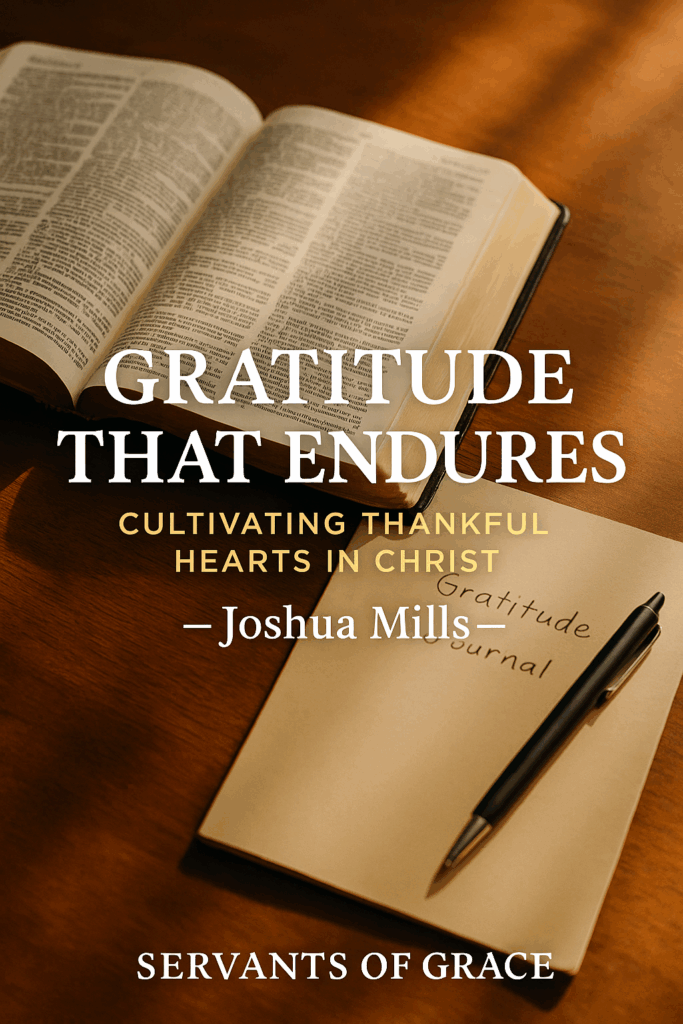 Gratitude That Endures: Cultivating Thankful Hearts in Christ 4 An open Bible and a gratitude journal resting on a wooden desk in warm natural light, with soft shadows and a pen beside the journal. The overlaid text reads ‘Gratitude That Endures, Cultivating Thankful Hearts in Christ — Joshua Mills’ with ‘Servants of Grace’ at the bottom. The image symbolizes thankfulness, reflection, and grounding gratitude in Scripture