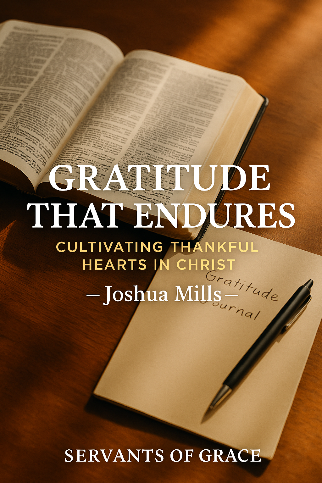 An open Bible and a gratitude journal resting on a wooden desk in warm natural light, with soft shadows and a pen beside the journal. The overlaid text reads ‘Gratitude That Endures, Cultivating Thankful Hearts in Christ — Joshua Mills’ with ‘Servants of Grace’ at the bottom. The image symbolizes thankfulness, reflection, and grounding gratitude in Scripture