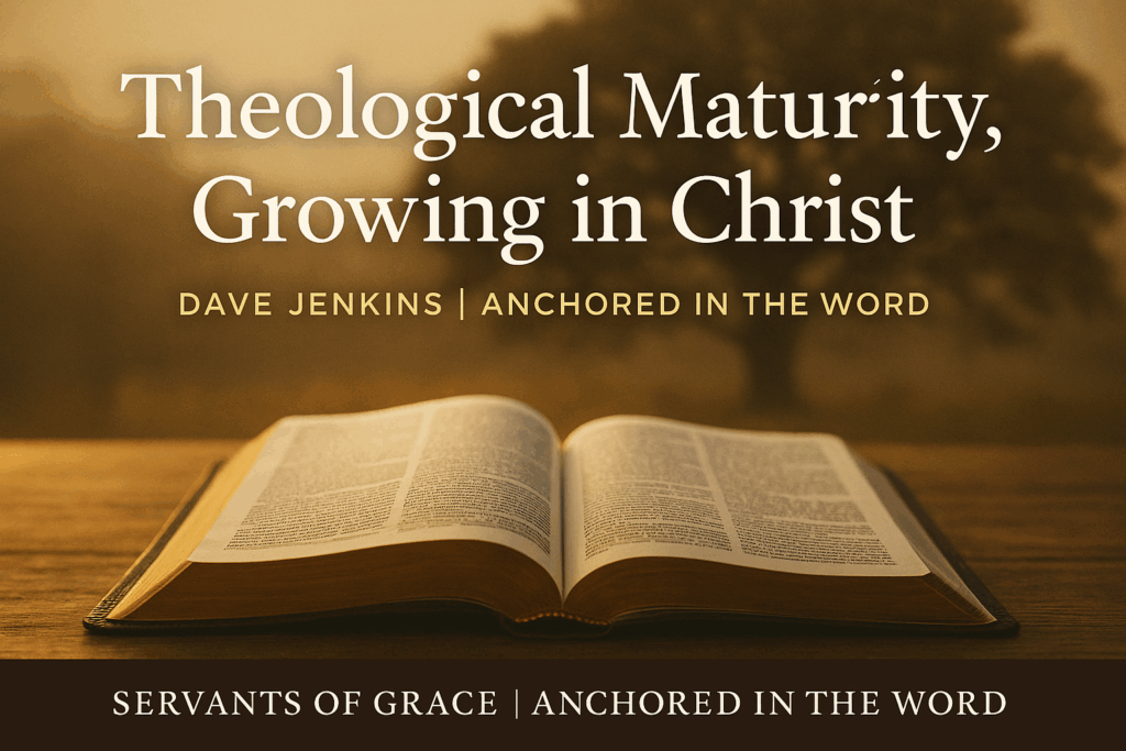 Theological Maturity, Growing in Christ 1 An open Bible on a wooden desk with warm morning light and a soft oak tree silhouette, symbolizing theological maturity, depth, and steady growth in Christ.