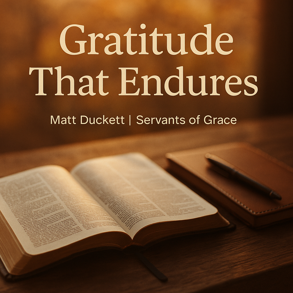 An open Bible on a wooden table with warm autumn light and a journal beside it, symbolizing intentional and reflective Christian gratitude.