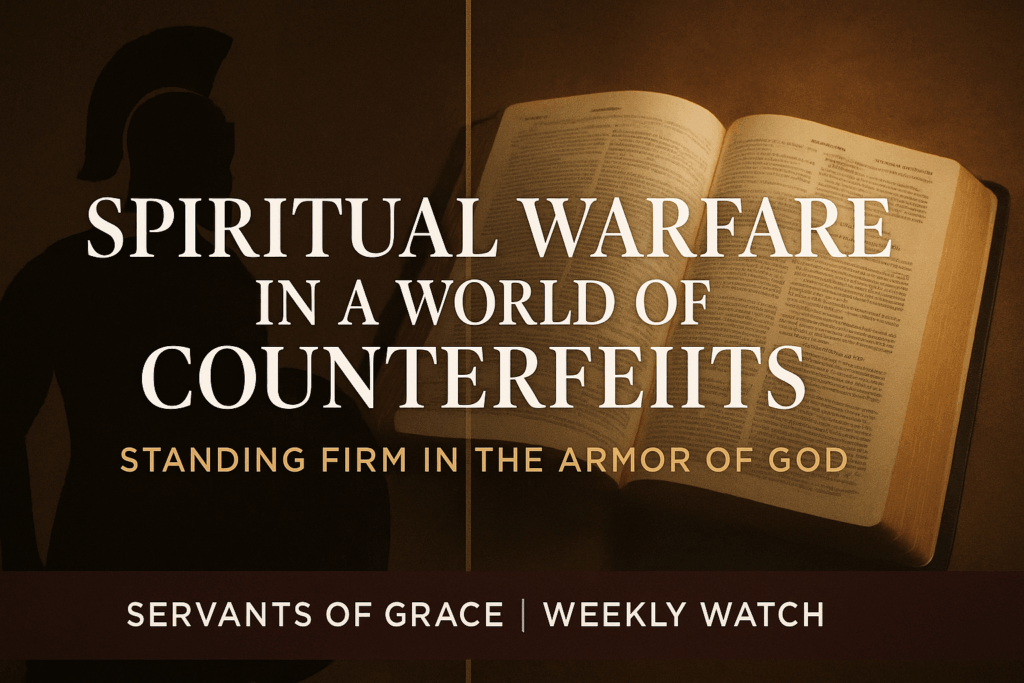 Spiritual Warfare in a World of Counterfeits: Standing Firm in the Armor of God 2 Thumbnail showing an open Bible illuminated across Ephesians 6 with a faint silhouette of Roman armor on the left. Overlay text reads ‘Spiritual Warfare in a World of Counterfeits’ with branding for the Weekly Watch.