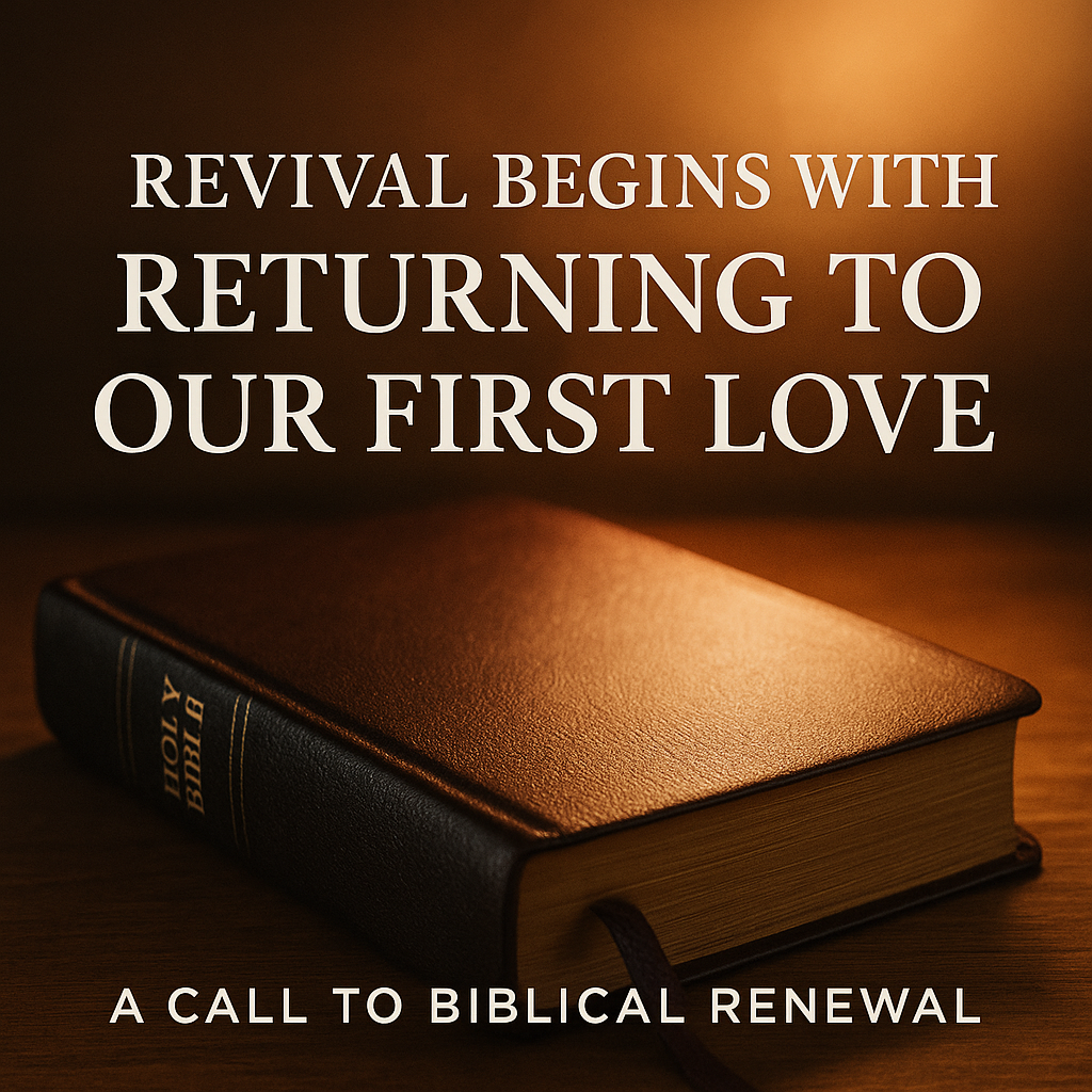 Closed Bible resting on a wooden table with warm golden light shining from the upper right, creating a soft and inviting atmosphere. Text above the Bible reads ‘Revival Begins with Returning to Our First Love,’ with a sub-line below that reads ‘A Call to Biblical Renewal.