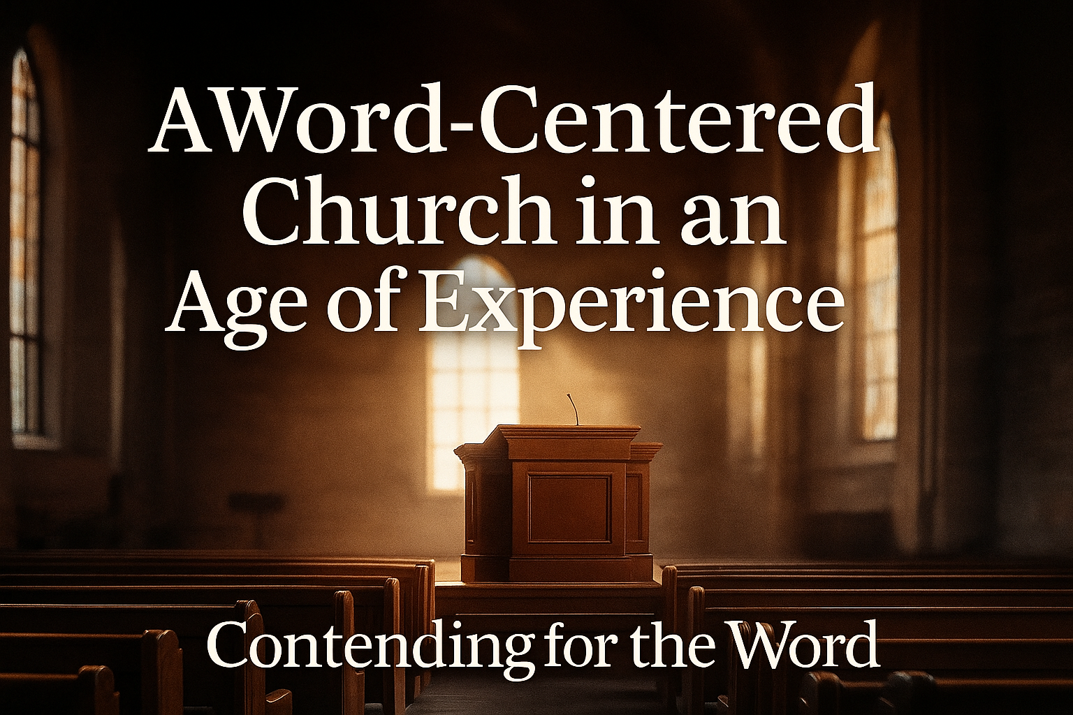 A warm, softly lit church sanctuary with sunlight shining through tall arched windows onto a wooden pulpit. Overlay text reads ‘A Word-Centered Church in an Age of Experience’ with ‘Contending for the Word’ below.
