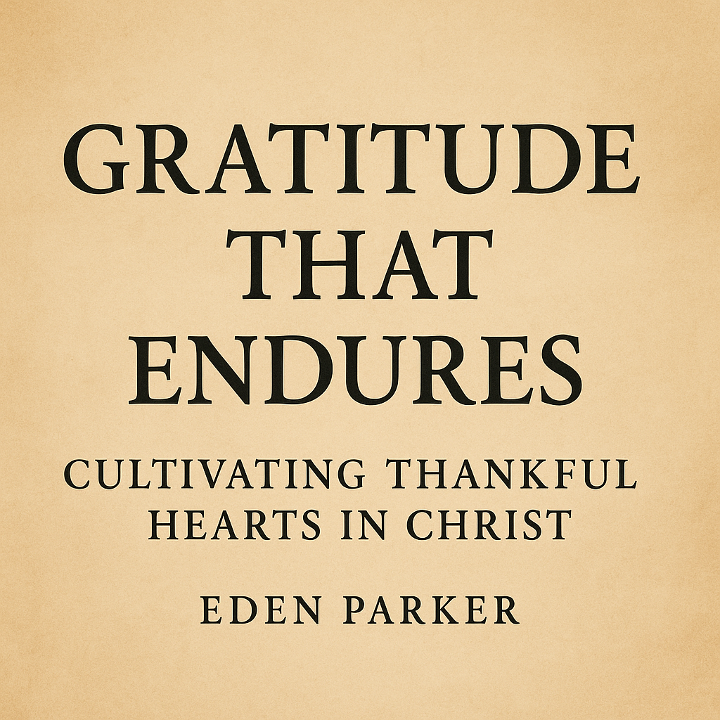 Warm parchment-style background with centered serif text reading ‘Gratitude That Endures’ and the subtitle ‘Cultivating Thankful Hearts in Christ,’ with the author’s name ‘Eden Parker’ beneath
