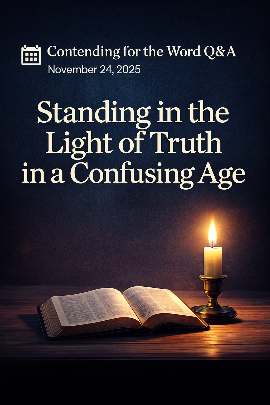 Dark blue textured background with title text ‘Standing in the Light of Truth in a Confusing Age.’ Below, an open Bible sits on a wooden table beside a lit candle creating warm illumination.