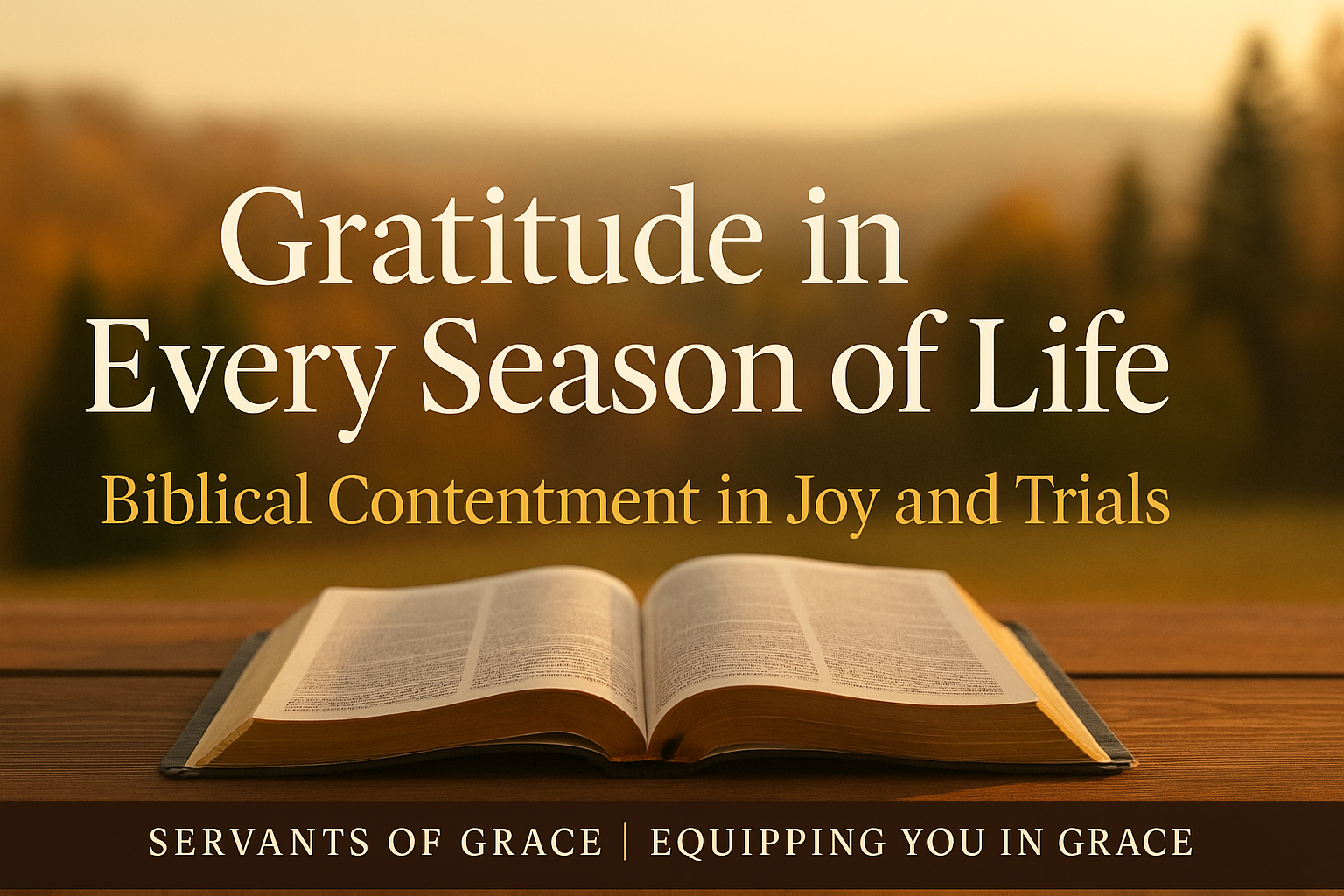 Thumbnail featuring an open Bible on a wooden table with warm natural light and a soft seasonal background. Text reads ‘Gratitude in Every Season of Life’ and ‘Biblical Contentment in Joy and Trials’ with Servants of Grace branding.