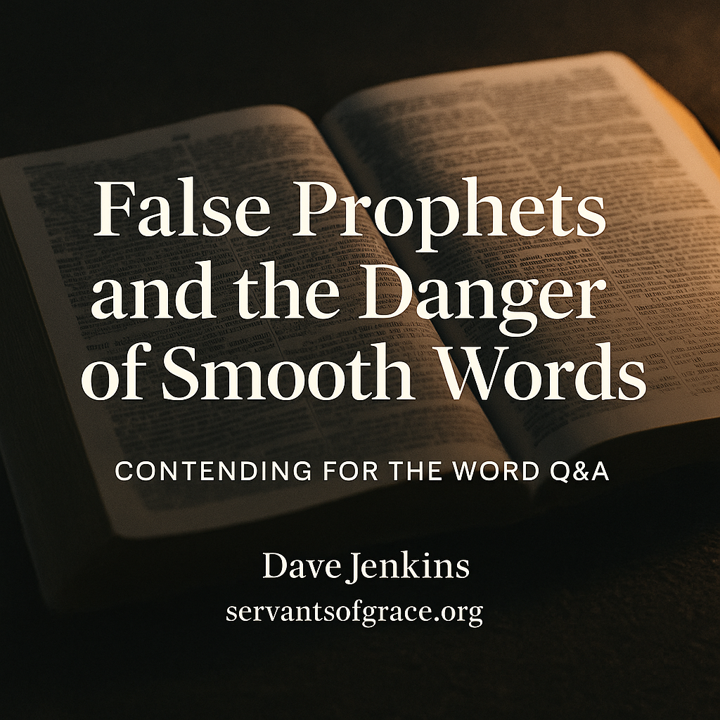 An open Bible lying on a dark wooden surface with warm light illuminating the pages. The title ‘False Prophets and the Danger of Smooth Words’ appears in large white serif text across the center. Below it reads ‘Contending for the Word Q&A’ and ‘Dave Jenkins · servantsofgrace.org.’ The design is clean, warm, and focused on Scripture.