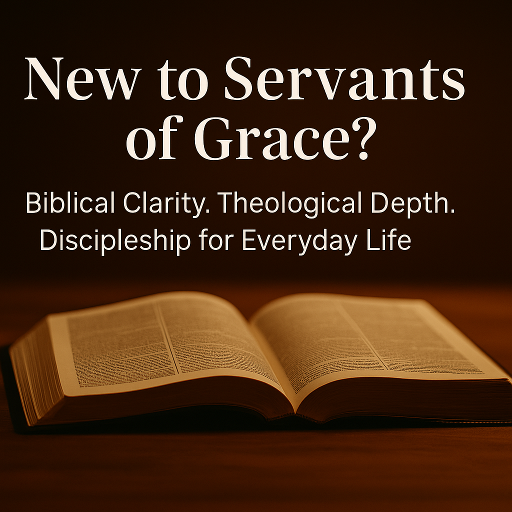 Open Bible on a wooden desk with warm golden light shining across the pages, used as a hero image for the Servants of Grace ‘New to SOG’ page with the text ‘Welcome to Servants of Grace – Biblical Teaching for Everyday Life.’