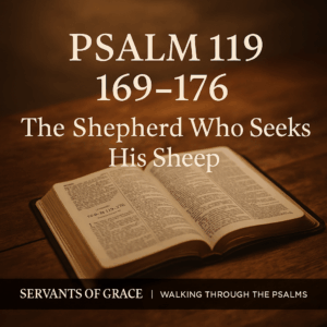 Thumbnail featuring an open Bible on a wooden table with warm natural light, highlighting Psalm 119. Text reads ‘Psalm 119:169–176’ and ‘The Shepherd Who Seeks His Sheep,’ with Servants of Grace | Walking Through the Psalms branding.
