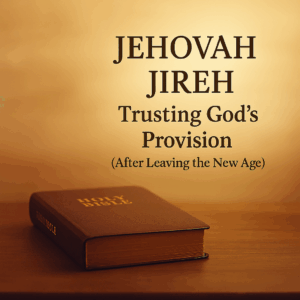 Closed brown leather Bible resting on a wooden table in warm golden light, with the title text ‘Jehovah Jireh – Trusting God’s Provision (After Leaving the New Age)’ above it.