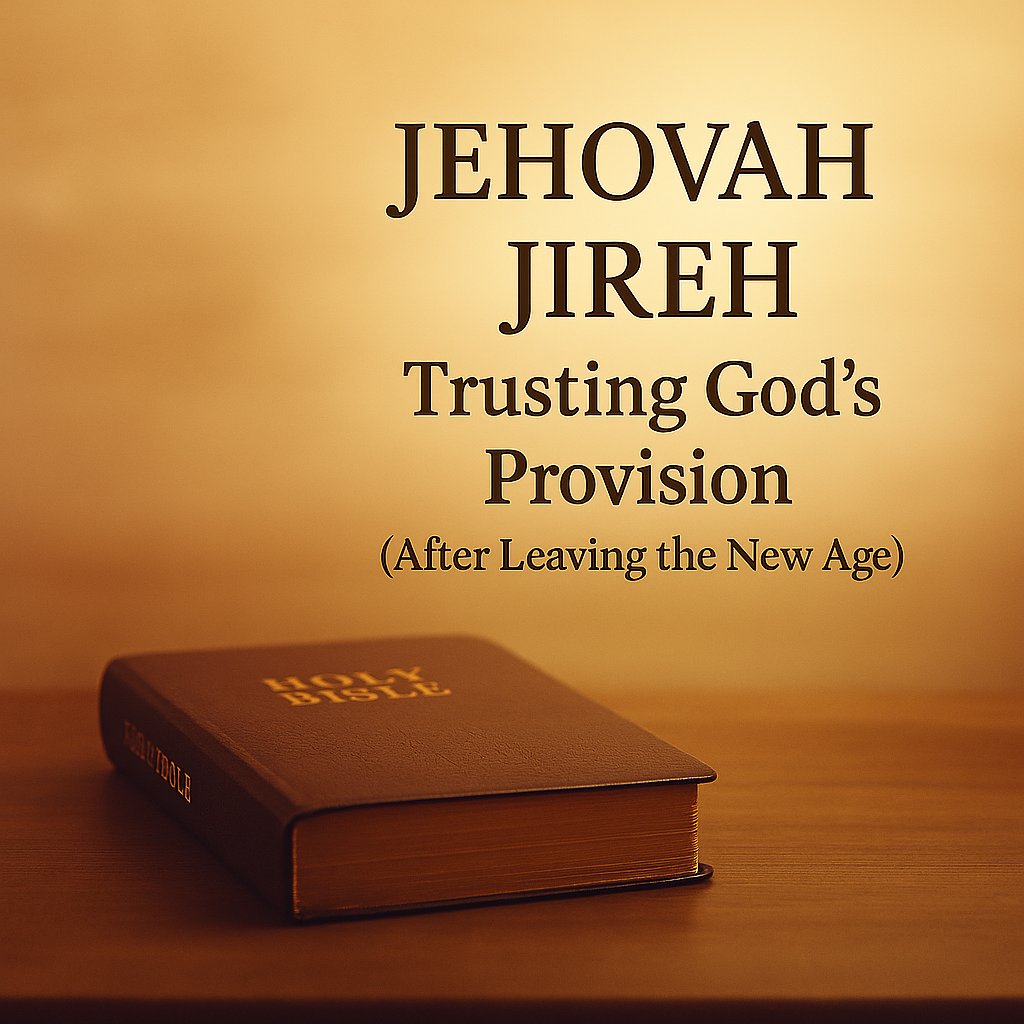 Closed brown leather Bible resting on a wooden table in warm golden light, with the title text ‘Jehovah Jireh – Trusting God’s Provision (After Leaving the New Age)’ above it.