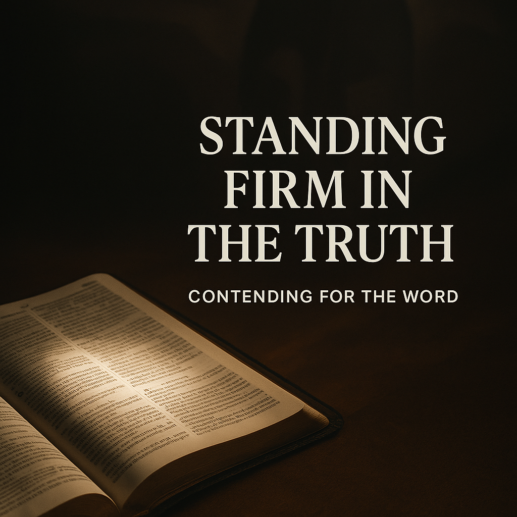 Thumbnail with an open Bible lit by warm light, subtle armor-shaped shadows in the background, and overlay text that reads ‘Standing Firm in the Truth’ for Contending for the Word.