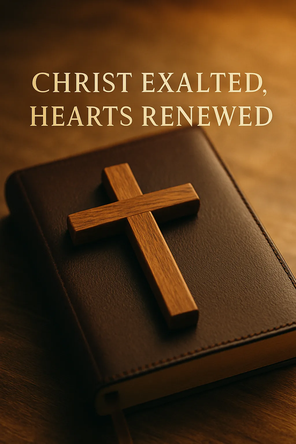 A wooden cross resting on a closed leather Bible with warm golden light creating a reverent, peaceful atmosphere, symbolizing Christ-centered revival and hearts renewed by the Word of God.
