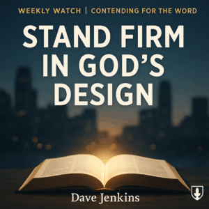 Open Bible glowing with warm golden light on a wooden table in front of a blurred city skyline at dusk, with bold text reading ‘Stand Firm in God’s Design’ and the header ‘Weekly Watch | Contending for the Word,’ hosted by Dave Jenkins.
