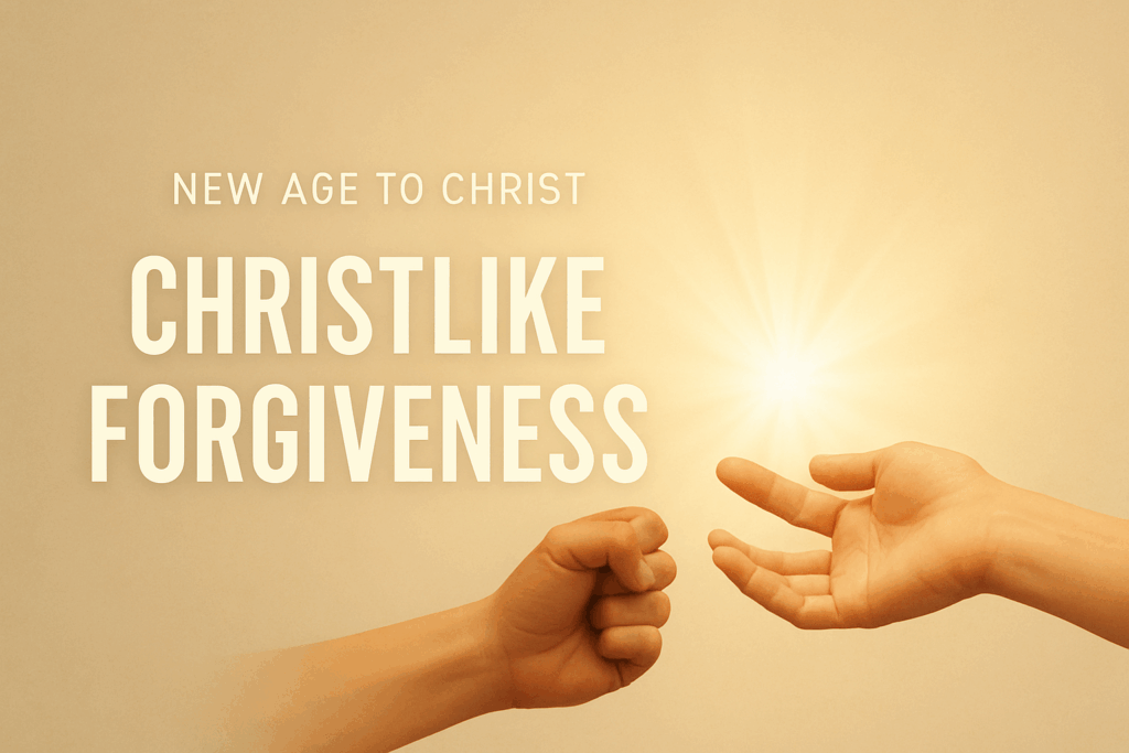 Christlike Forgiveness and Healing from the Past 3 Warm beige background with bold white text reading ‘New Age to Christ – Christlike Forgiveness’ on the left, and two hands on the right—one clenched in a fist, the other open with a soft golden light shining between them, symbolizing forgiveness and grace