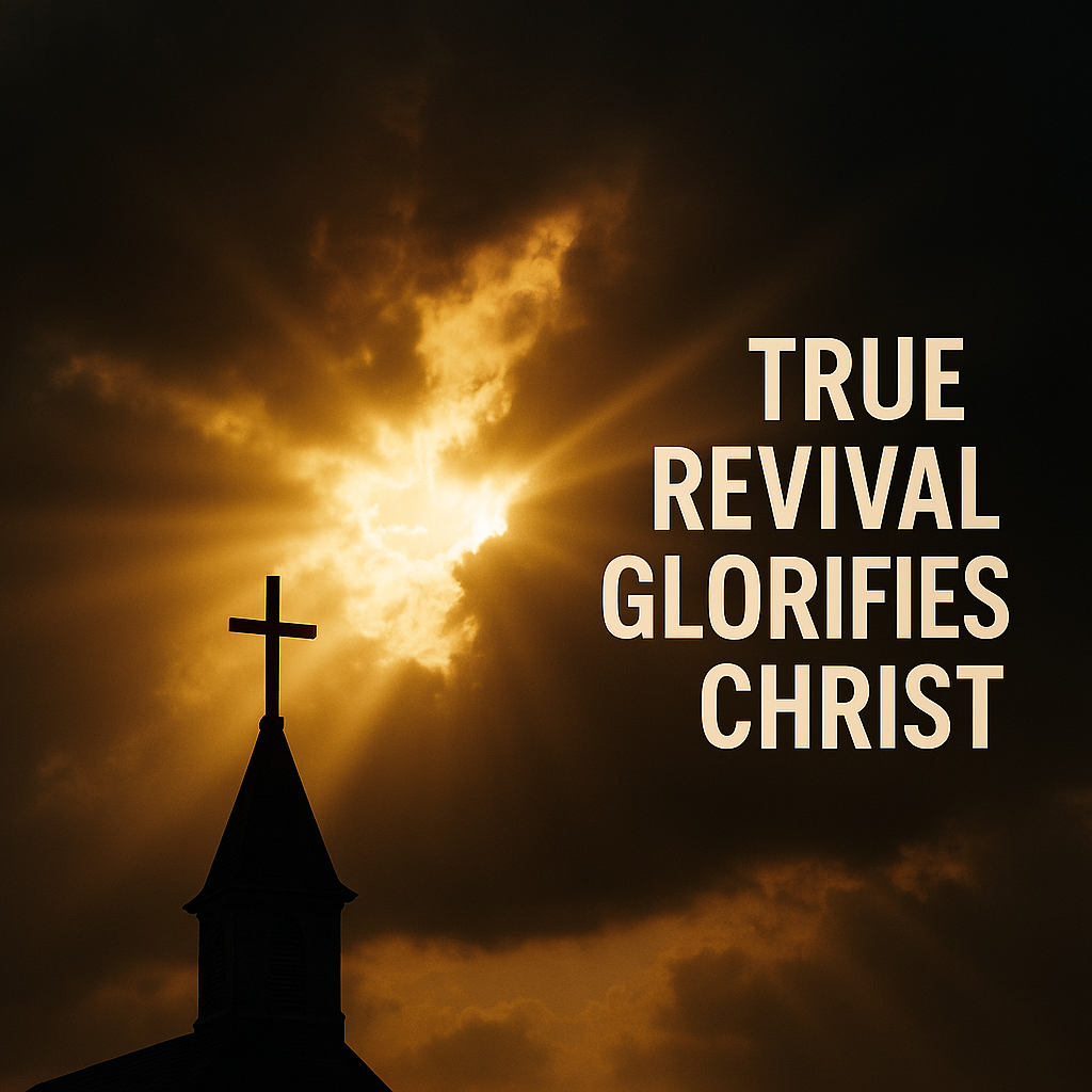 Golden light breaking through dark clouds over a small church steeple silhouette, symbolizing true revival that exalts Christ, with the text ‘True Revival Glorifies Christ.
